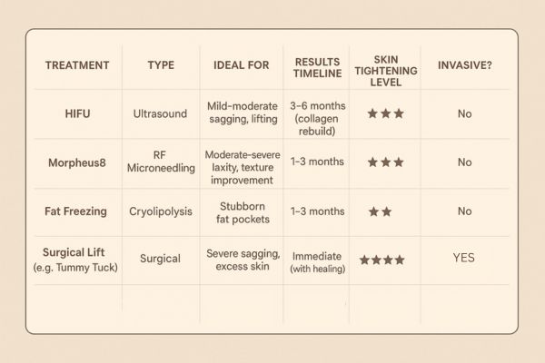 Table showing the comparisons of Skin tightening West Drayton treatment options.